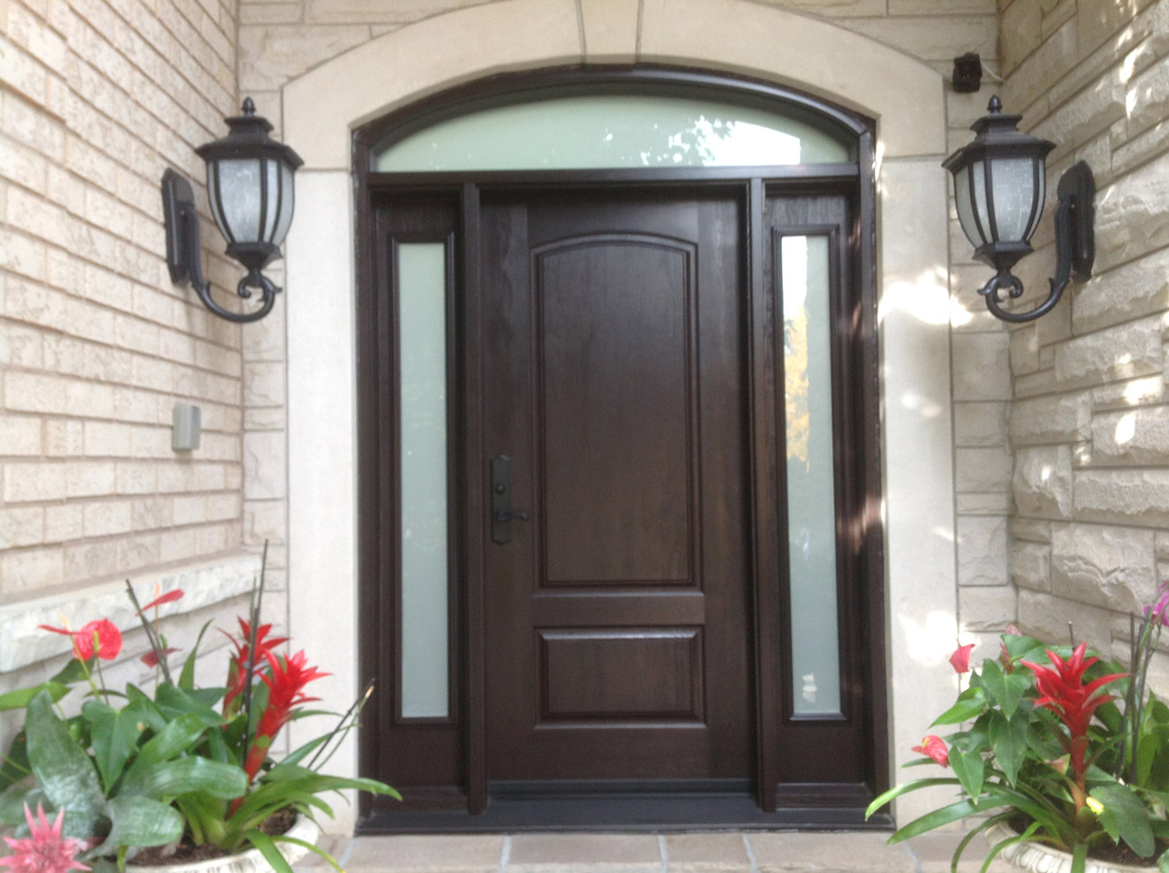 three-quarters-wooden-door-with-two-glass-side-panels-and-one-arched-top-glass